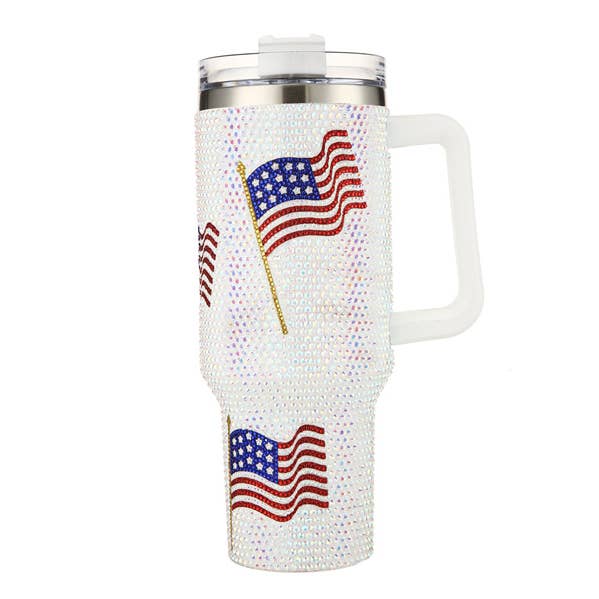 Rhinestone FLAG Themed WHITE Insulated Tumbler Cup for wholesale by Nima Accessories Inc