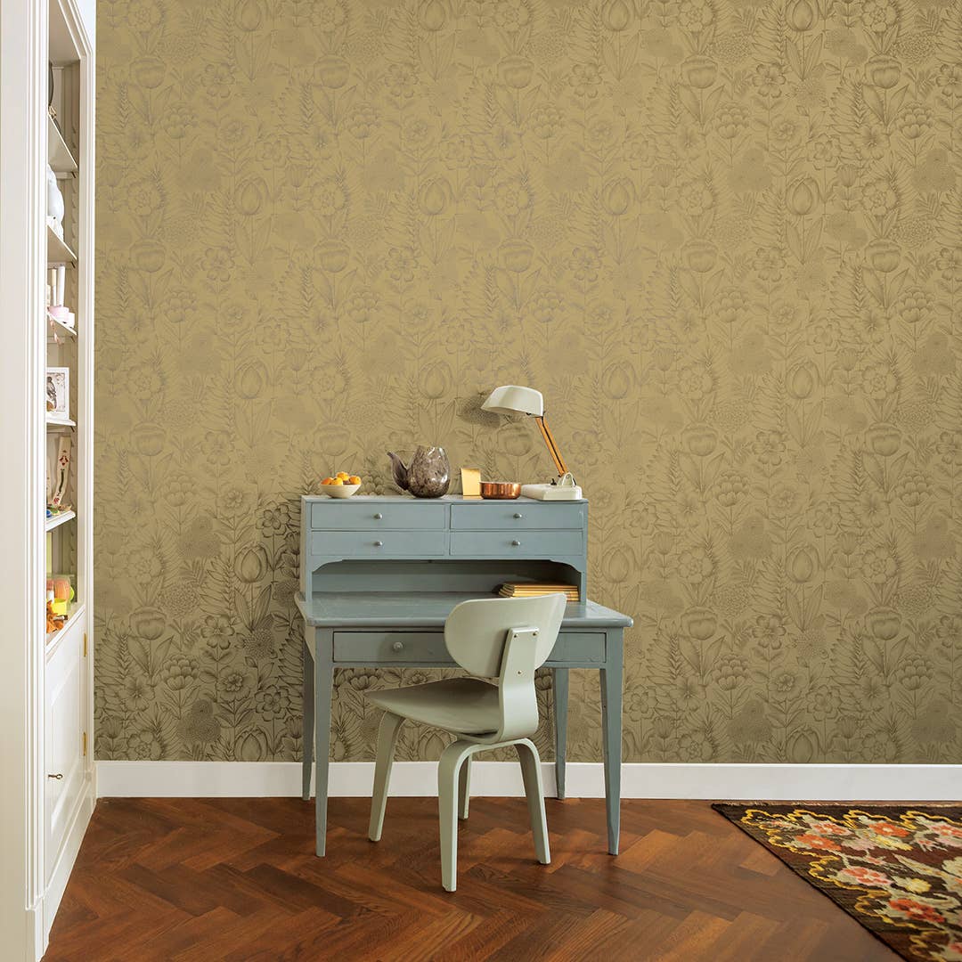 Tempaper & Co ® - Vente Papier peint - Papier peint à décoller et à coller Homestead Floral Gold, 28 pieds carrés1