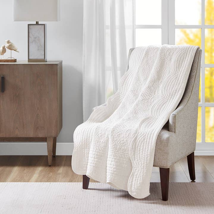 50x70" Quilted Scallope Edge Throw Blanket, White for wholesale by Olliix