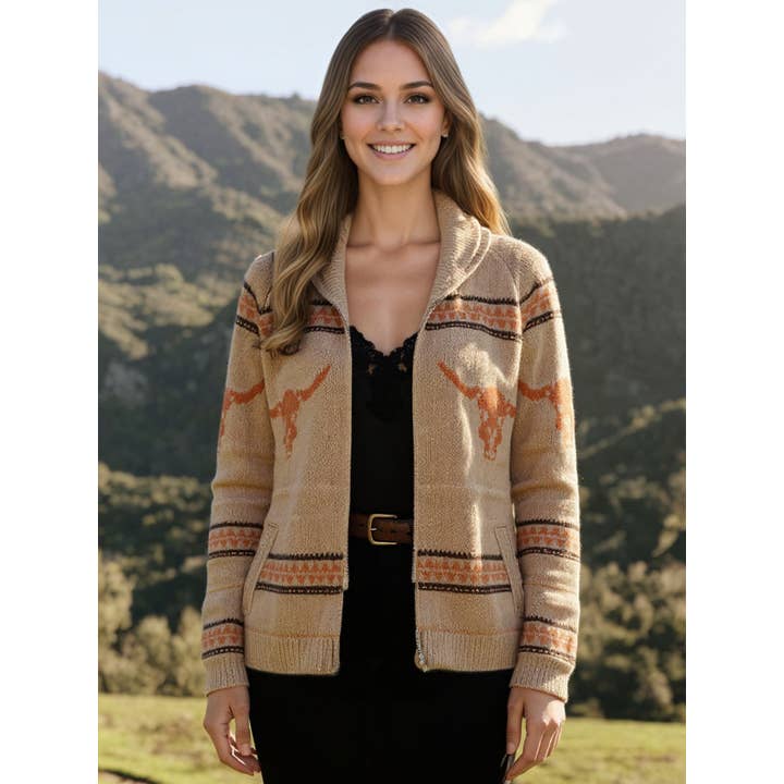 Khaki Southwestern vintage longhorn knit sweater zip-up jacket for wholesale on Faire4