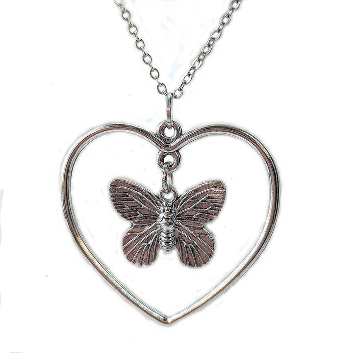 Antique Silver Hollow Heart Butterfly Necklace for wholesale by Stylish Jewelry Supply