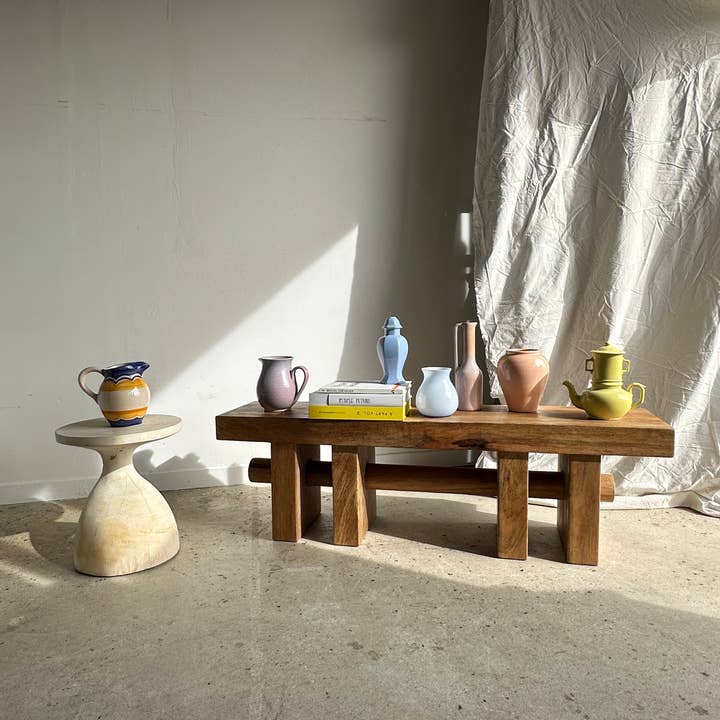 Office Objets - Wholesale Bench - Solid wood bench with openwork base crossed by a cylinder - Mango wood23