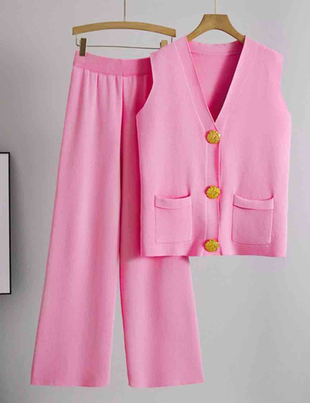 Sweetkama - Vendita all'ingrosso Completo top e pantaloni (NON loungewear) - Donna - Completo 2 pezzi: Gilet e Pantaloni a Maglia con Bottoni e Scollo a V a Tinta Unita da Donna4