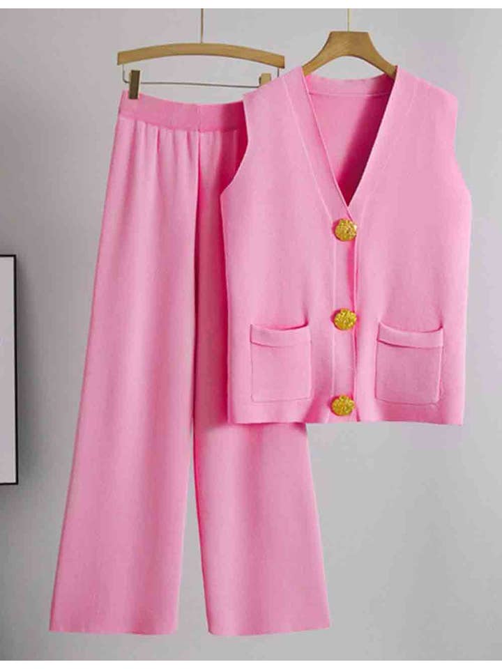 Sweetkama – Engroshandel Top- og buksesæt (IKKE Loungewear) - Dame – Dame Ensfarvet V-hals Knap Strikvest & Bukser 2-delt Sæt4