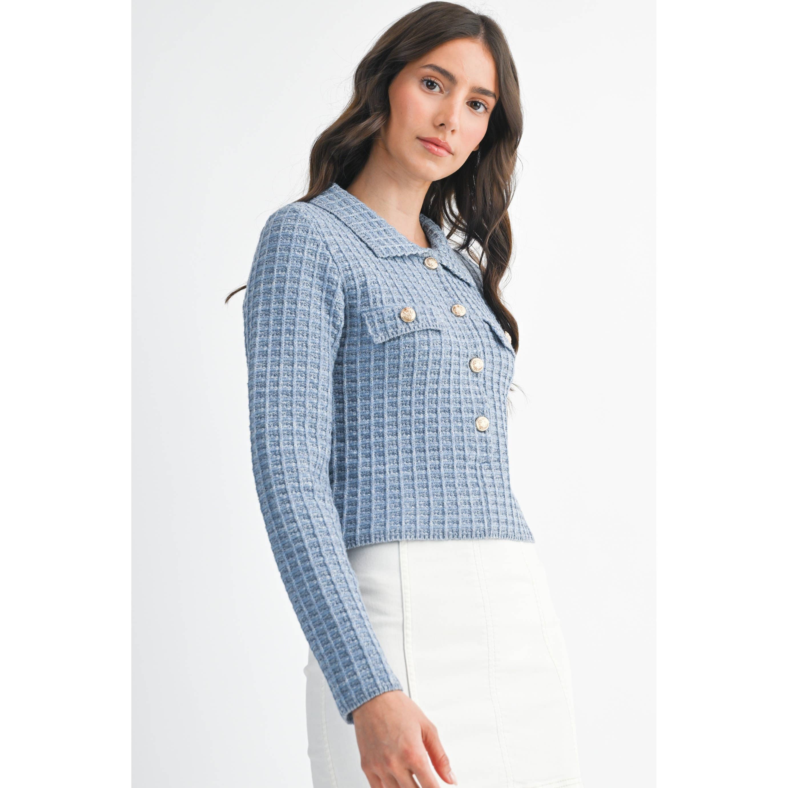 SKYBLUE RIBBED KNIT CARDIGAN WITH GOLD BUTTON ACCENTS for wholesale on Faire4