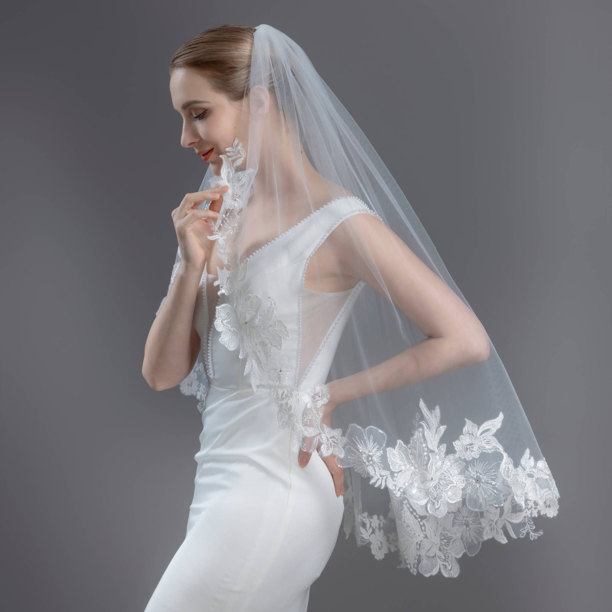 Farinosa Bridal - Venta al por mayor Velo - Mujer - Velo nupcial de encaje bordado con flores FS6231 en 96,5 cm, 127 cm, 274 cm y 305 cm12