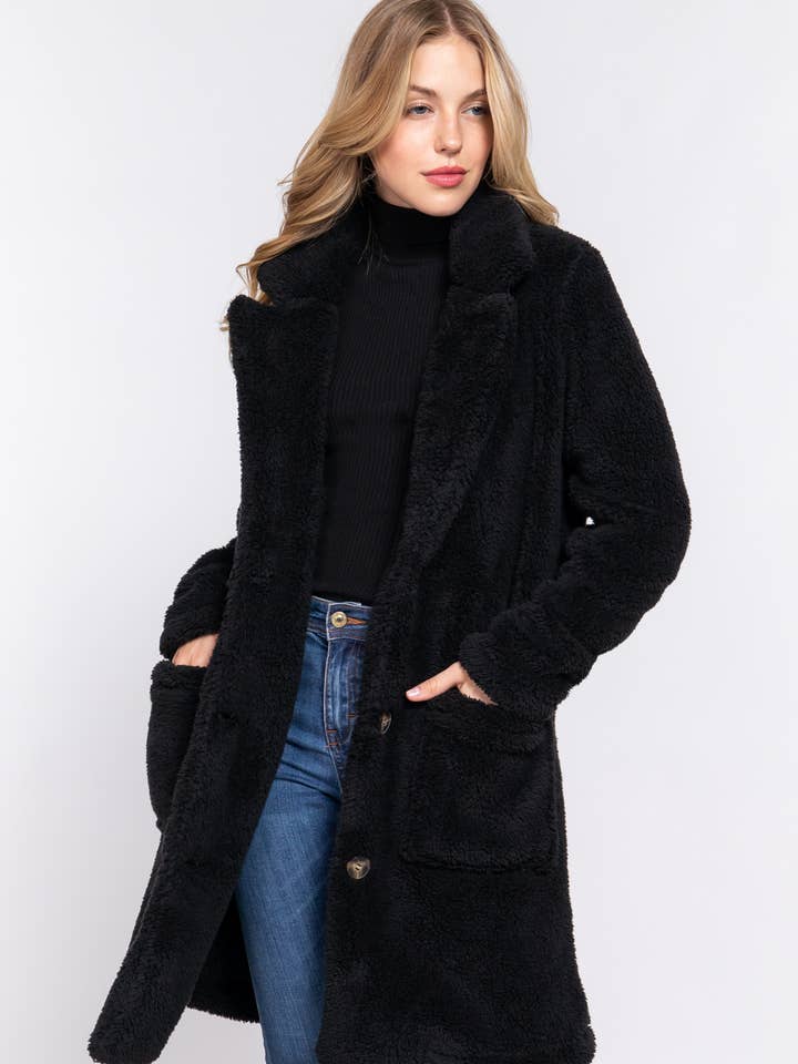 42POPS - Wholesale Fur/Faux Fur Coat - Women's - ",,,.._ SI-25174 Notched Collar Patch Pocket Sherpa Coat