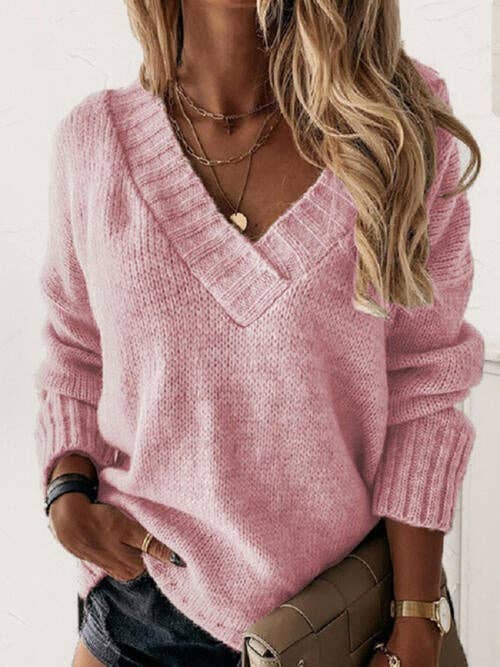 V-Neck Long Sleeve Knit Top for wholesale by Beyond Apparel