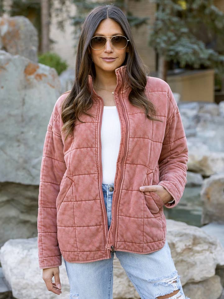 Mineral Washed Quilted Jacket in Terracotta for wholesale on Faire