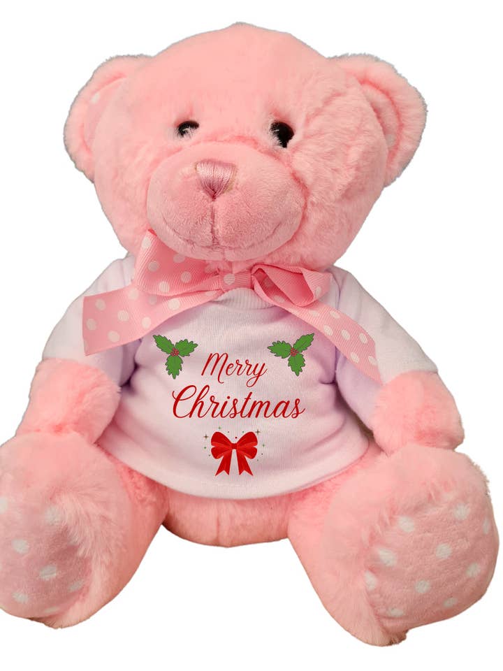 Second Ave Christmas Baby Pink Teddy Bear Plush Toy With White T Shirt Xmas Gift for wholesale by Second Ave Gift Company