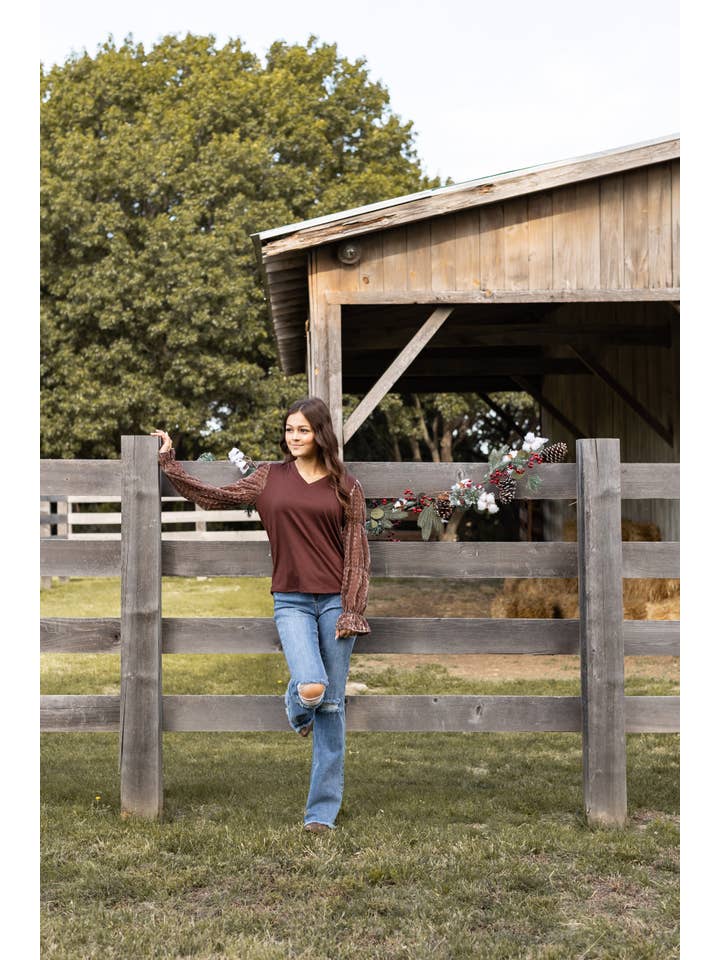 Brown Top With Burnout Velvet Sleeves for wholesale on Faire7