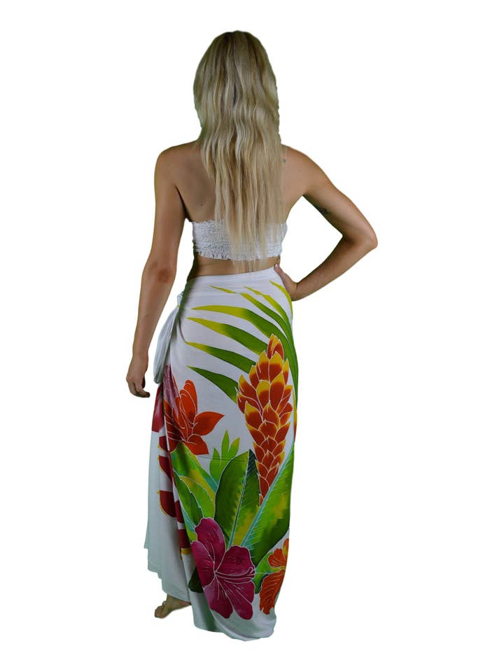 Island Style Clothing Co by Akamai Distribution Ltd - Wholesale Swim Cover Up - Women's - Batik Sarong | Handpainted Flowers | Tropical White | Pareo