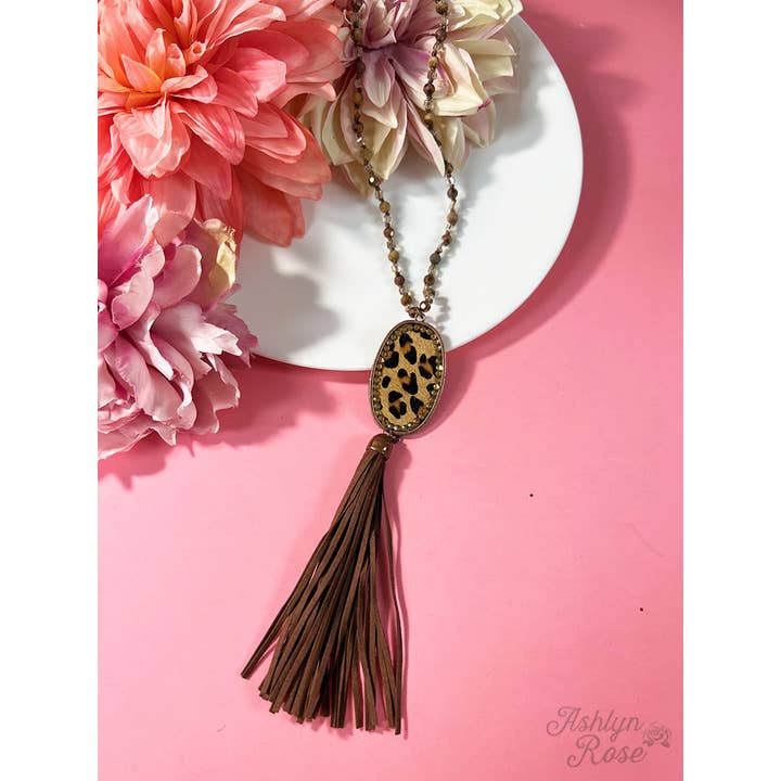 Leopard & Honey Crystal Oval Pendant Beaded Necklace for wholesale on Faire