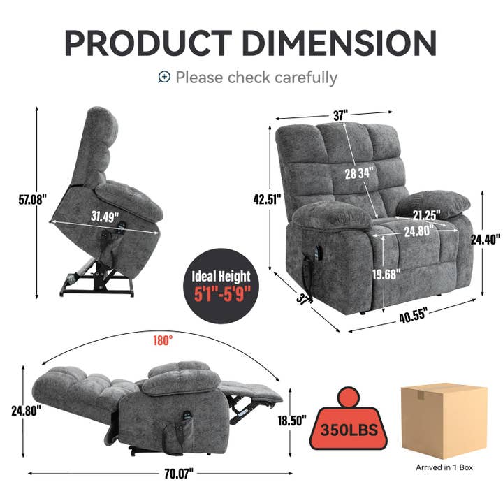 Orange County Decor - Wholesale Chair - Lift Recliner Chair Heat Massage Dual Motor Infinite Position Up To 350 Lbs Large Electric Power Lift Recliners With Power Remote, Medium Firm And Heavy Duty, Grey White Metal Primary Living Space