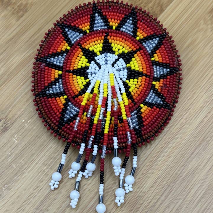 BEADS CORNER – wholesale Barrette – Women’s – Handcrafted Flower Pattern Red Black French Barette with Czech Beads and Suede Leather, 4.5 inch Diameter0