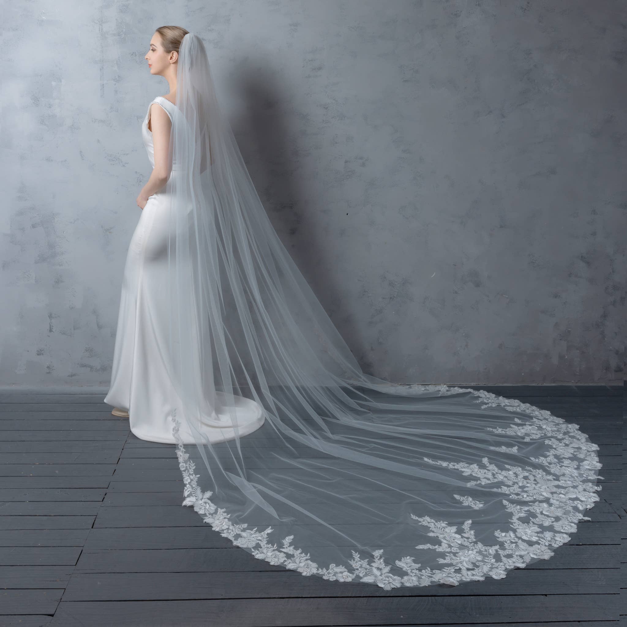 Farinosa Bridal – Véu - Mulher por atacado – Véu de noiva bordado em renda floral com strass, 3,05 m0