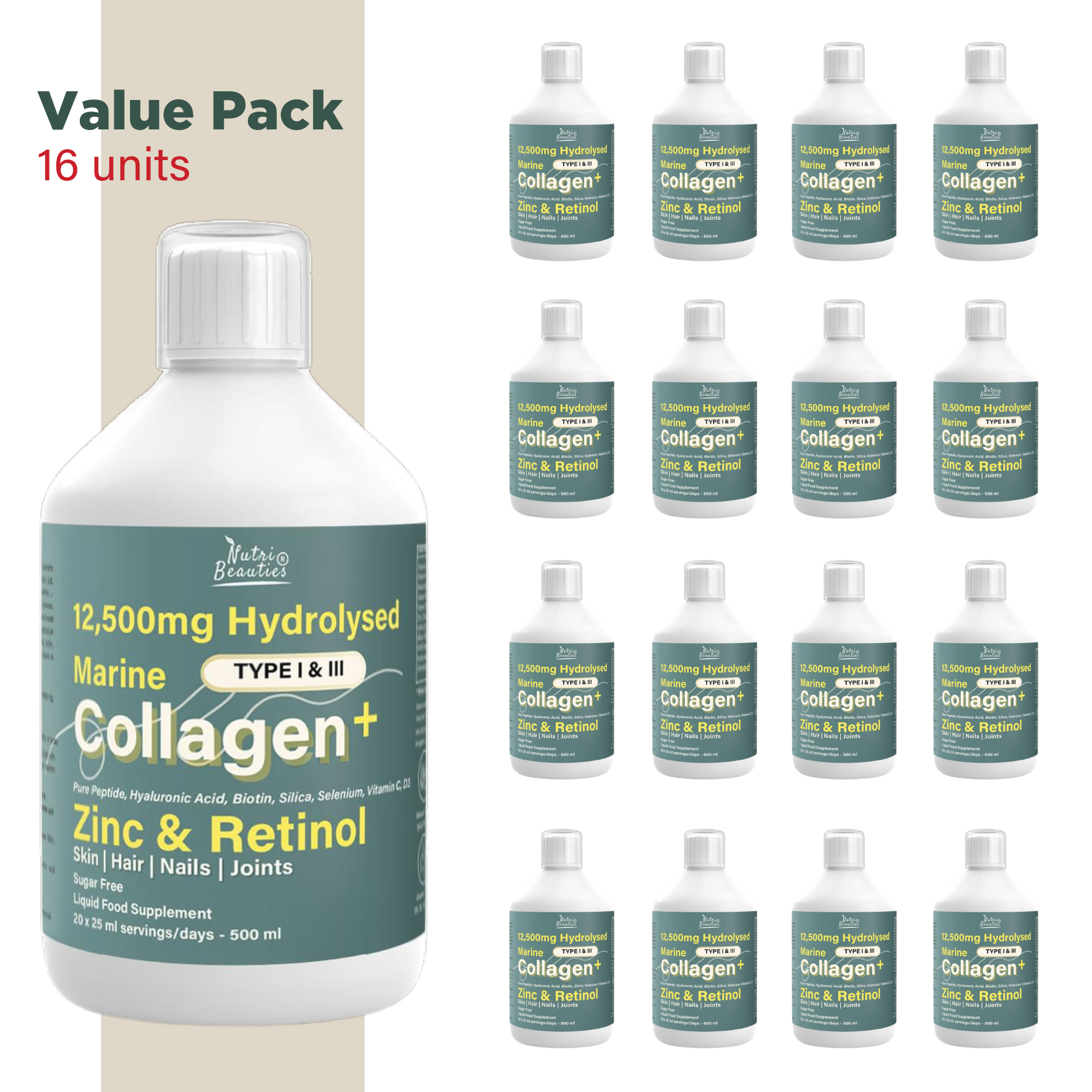 Nutri Beauties – wholesale Oral supplement/vitamin – NUTRI BEAUTIES 12,500mg Hydrolysed Marine Collagen PLUS Zinc & Retinol14