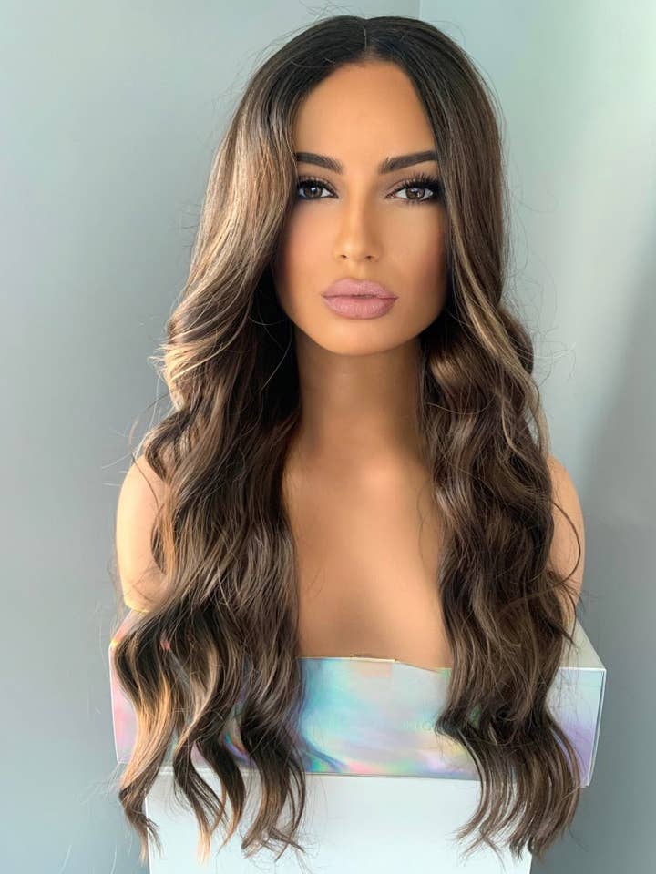 "Tatianna" - Wavy Brown Lace Front Wig with Highlights for wholesale by The Extension Room