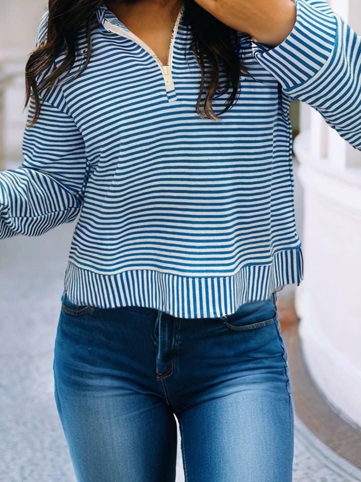 LDC Stripe Quarter Zip Collar Pullover Long Sleeve Top for wholesale by Little Daisy Closet