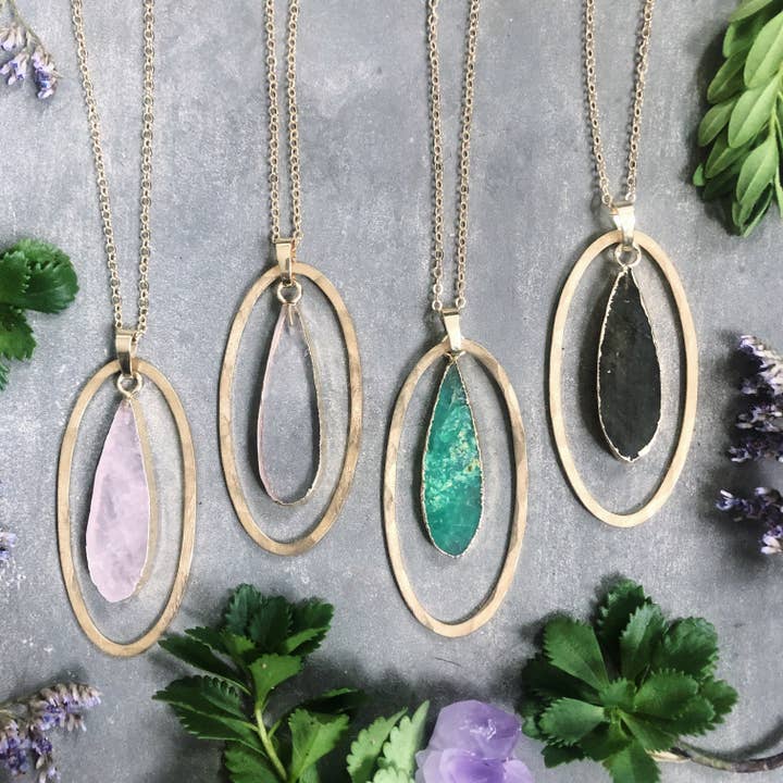 GeoMetricGem - Wholesale Pendant/Charm Necklace - Otisco Necklace ~ Gem Slice - Clear Rose Quartz Chrysopras