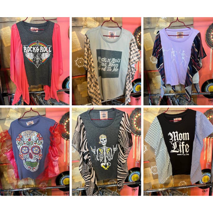 Upcycled T-Shirt mit Rocker-/Edgy Quotes und Rüschen an den Seiten für den Großhandel von TimberJune