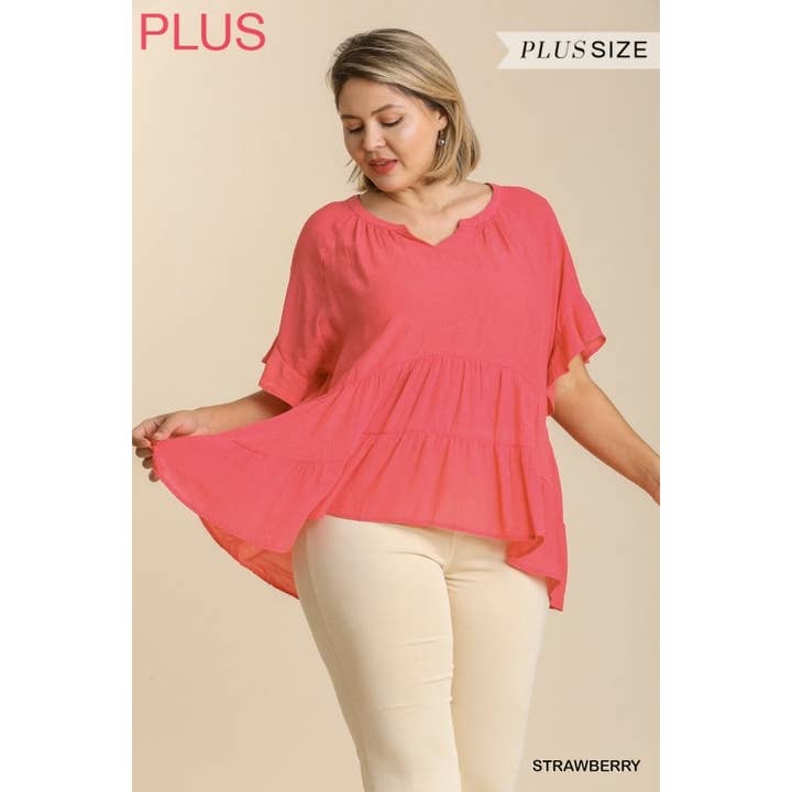 Mandarin Collar Split Neck Bell Ruffle Sleeve Tiered Top for wholesale by Paperdoll