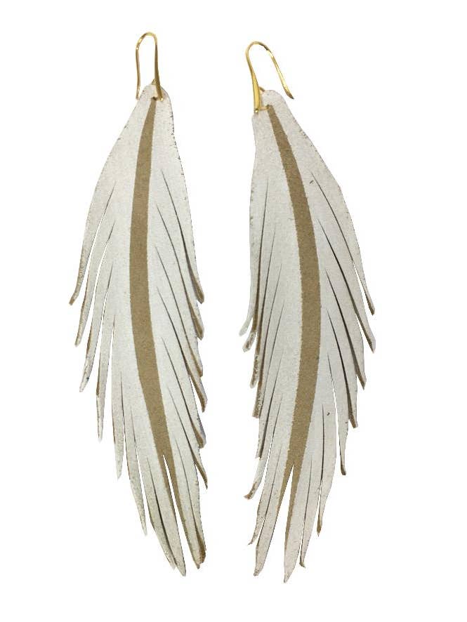 Long Feather Leather Earrings - White Painted for wholesale by The Supply Society