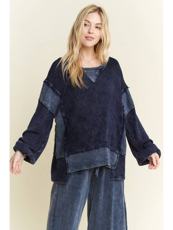 J.Her - Wholesale Sweatshirt - Women's - MineralWash Waffle and terry oversized fall shirt HT5989.