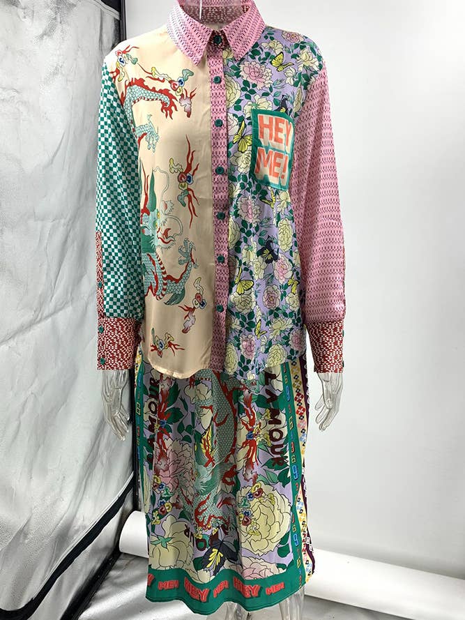 UNISHE - Wholesale Top & Skirt Set - Women's - Flower Dragon Print Button Up Shirt and Skirt Set JRM058