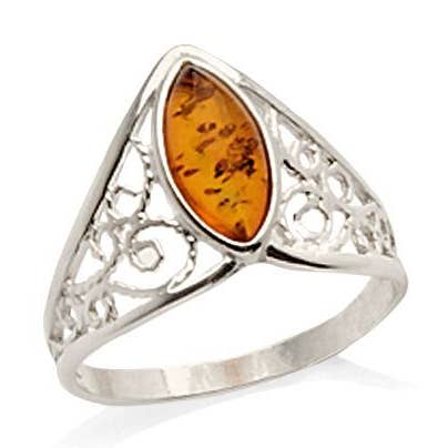 Ring with cognac amber from the Baltic Navette, sterling silver for wholesale on Faire0