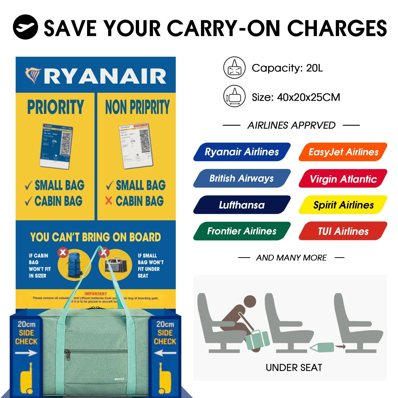 wandf - Wholesale Weekender Bag - Women's - Airplane Personal Item Travel Bag Best Underseat Bag WF112287