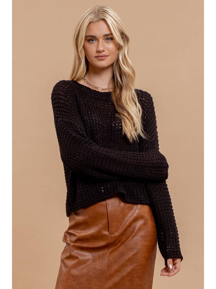 Blu Pepper - Wholesale Knit Sweater - Women's - SHEER CREW NECK CROCHET KNIT SWEATER