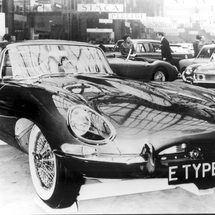 E-type Jaguar vintage photographic card for wholesale by Inky Blue Ltd t/a Holy Mackerel