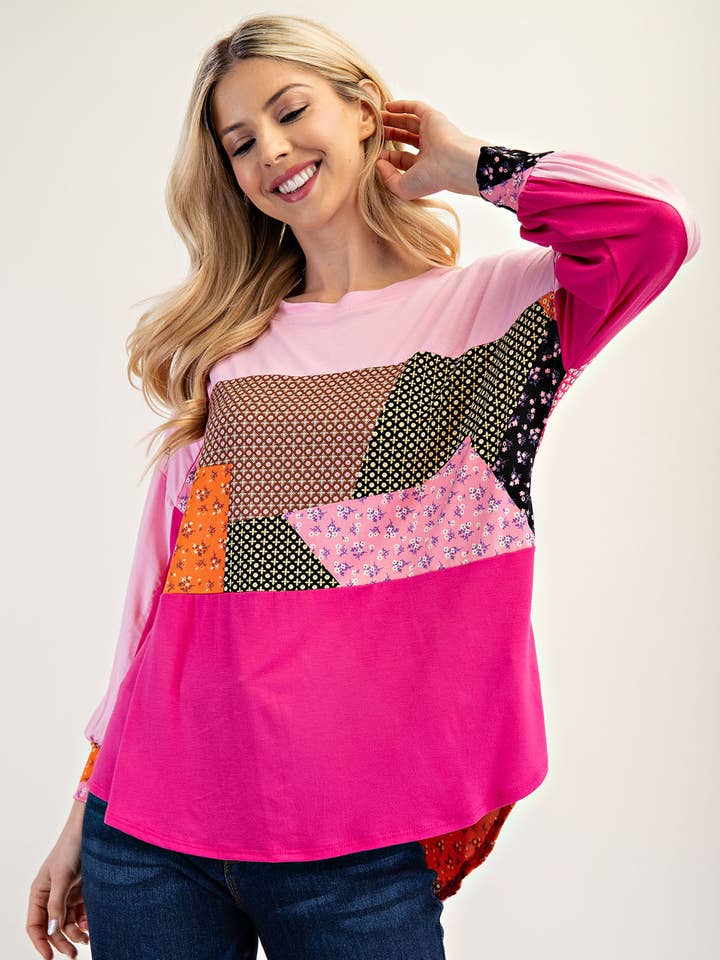 PLUS SIZE PINK PATCHWORK LONG SLEEVE TOP -CT13216A-PL for wholesale by Celeste Clothing
