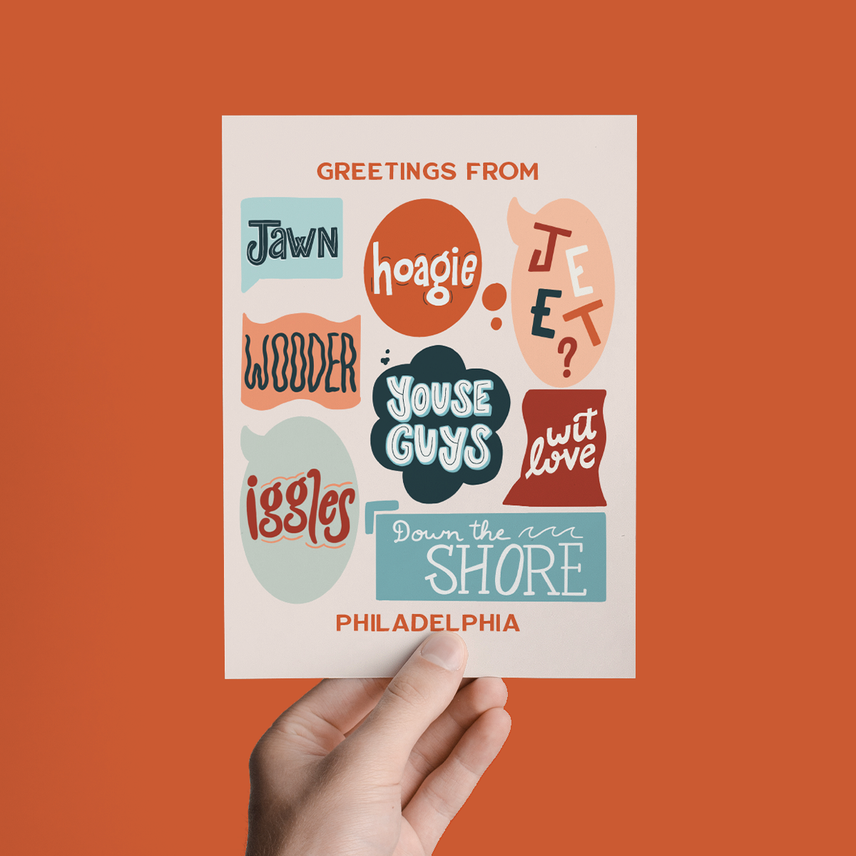 Parcel Island – Großhandel Grußkarten für den Alltag – Grußkarte „Greetings from Philadelphia“ mit Slang and Sayings1