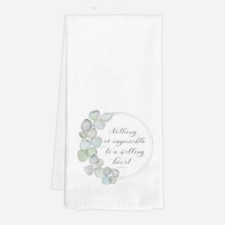 Torchon « Nothing is Impossible to a Willing Heart » en sachet de farine pour la vente par Blue Skies Lettering