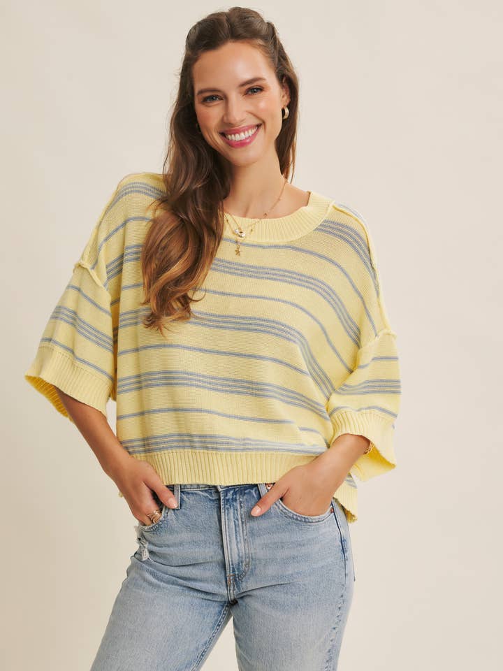 BREEZY LINEN BLEND BOXY STRIPE SWEATER WITH DROP SHOULDERS for wholesale by in february