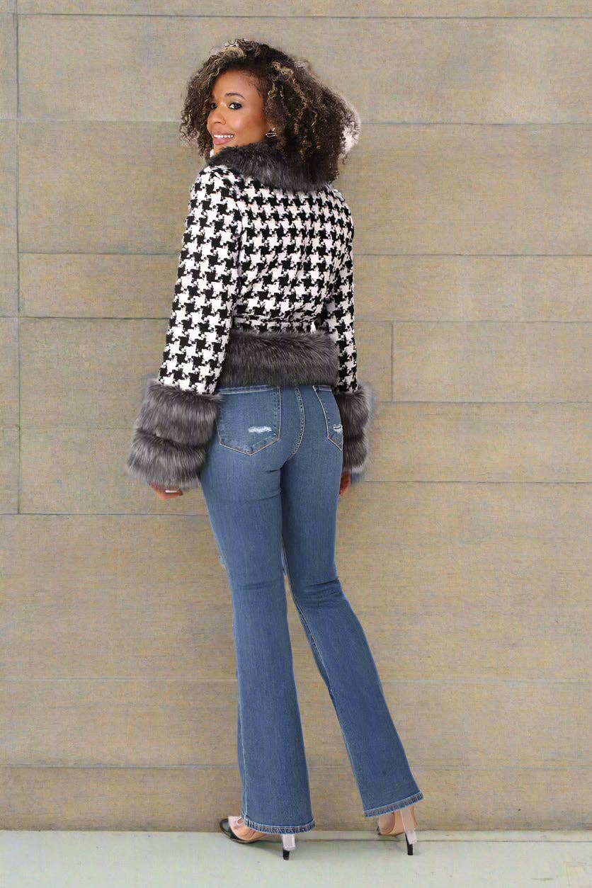 BLACK WHITE Houndstooth Belted Jacket -82074 for wholesale on Faire1