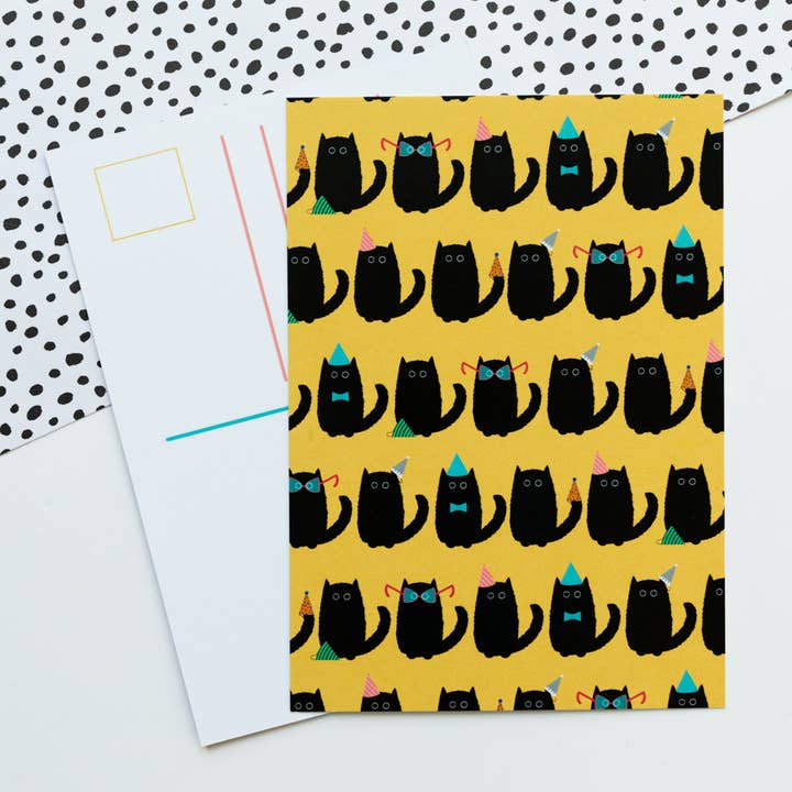 Black Cat Party A6 Postcard | Recycled Black Cat Lover for wholesale by Jeff and the Squirrel