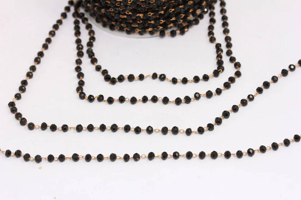QueenJewelryM - Wholesale Link & Chain Necklace - 3mm Raw Brass Beaded Chains, Black Crystal Rosary CHK17-4