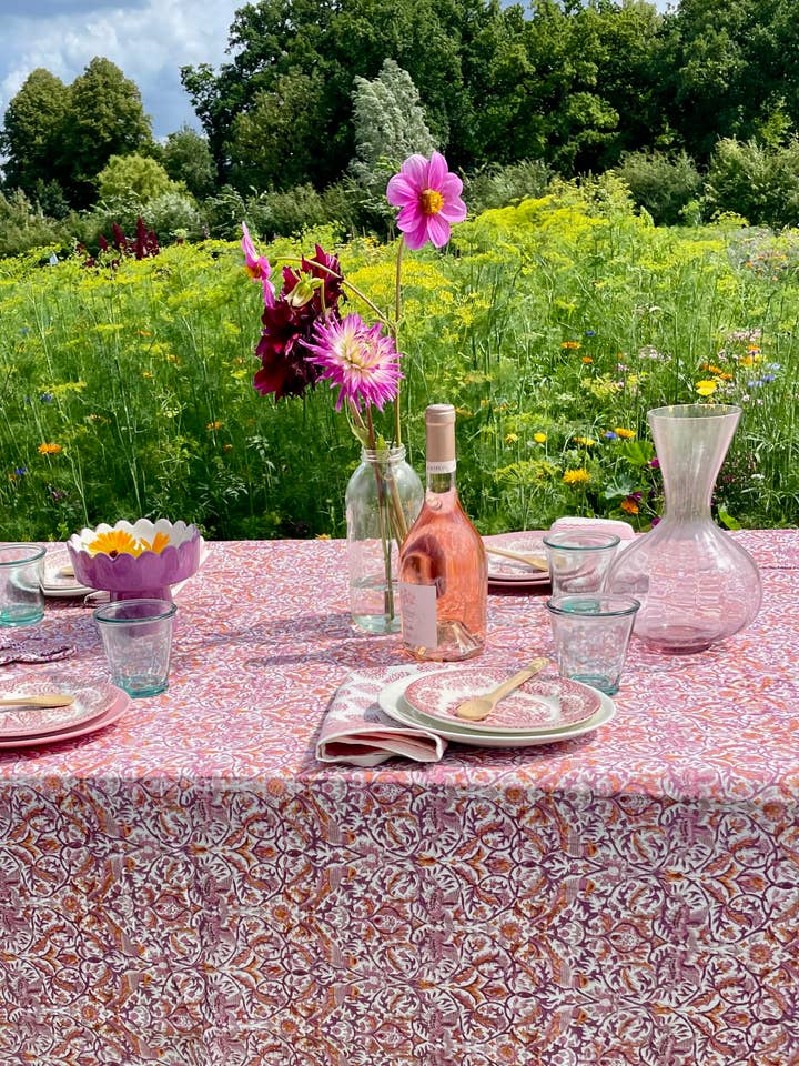 Håndbloktrykt dug Birdz roza 160 x 270 for engroshandel hos Rozablue