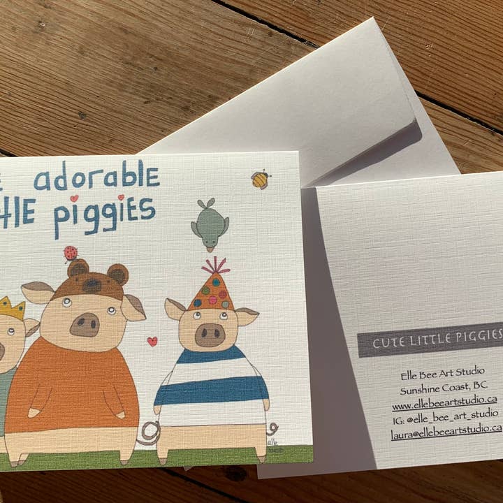 “Three adorable little Piggies” greeting card for wholesale by Elle Bee Art Studio