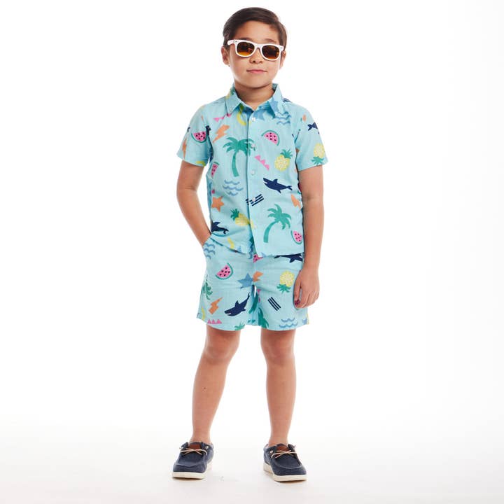 Light Blue Kids (2-7) Fun Print Buttondown Set | Tropical Adventure for wholesale on Faire