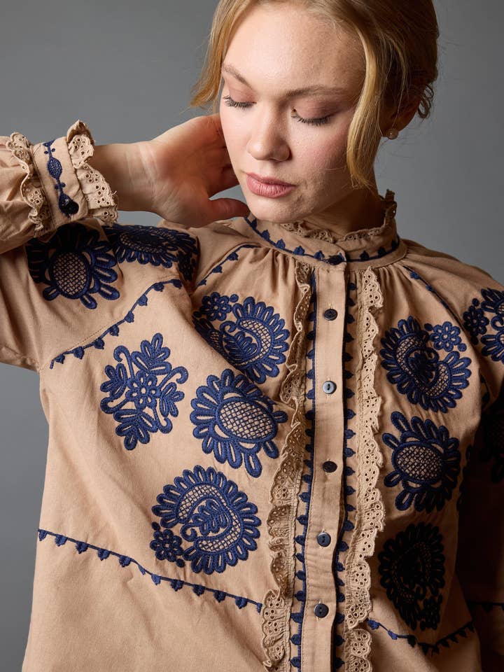 miglo - Wholesale Button Down Shirt - Women's - RUBBLE COLLAR EMBROIDERED SHIRT