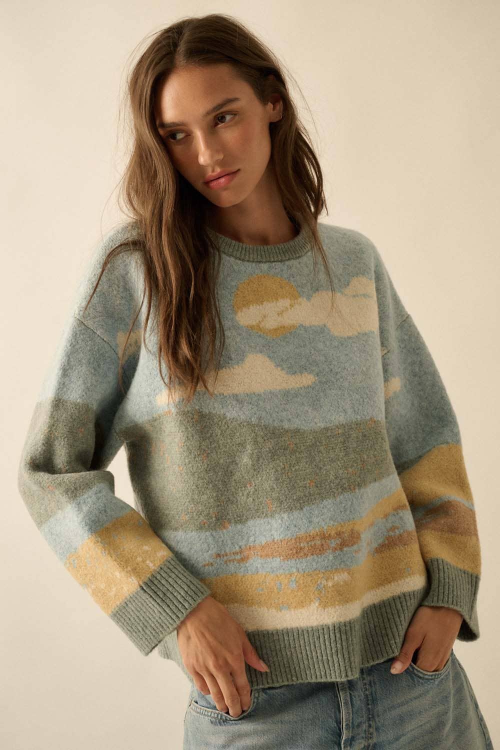 Promesa USA - Wholesale Knit Sweater - Women's - Beach Landscape Jacquard-Knit Sweater2