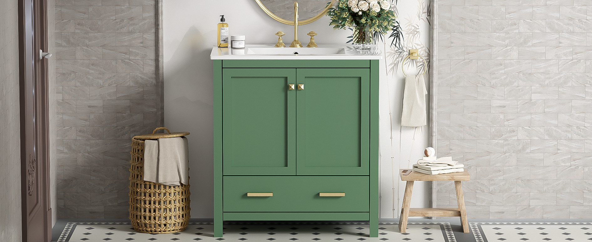 Orange County Decor - Wholesale Cabinet - 30 Inch Green Bathroom Vanity With Single Sink, Combination Under Counter Sink, Bathroom Storage Cabinet With 2 Doors And A Drawer, Soft Closure, Multifunctional Storage Wf324043 Green Bathroom23