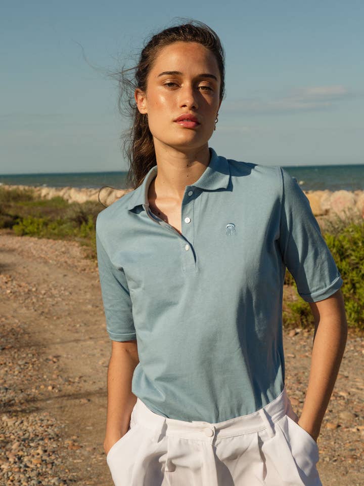 Sea blue polo 100% organic for wholesale by Cottyfish