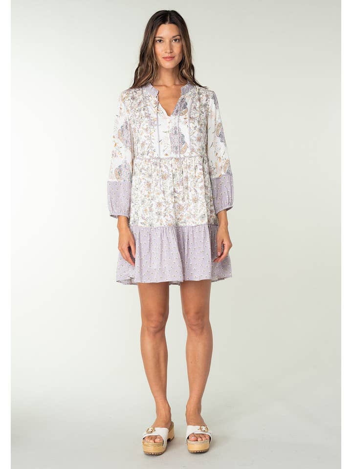 Natural Dusty Lilac Floral Long Sleeve Peasant Mini Shift Dress for wholesale on Faire