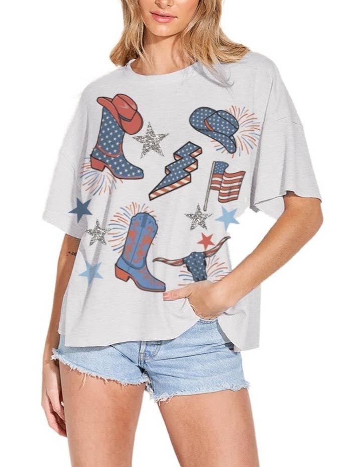 Vanilla Monkey - Wholesale T-Shirt (Graphic) - Women's - America Boots Star Glitter Short Sleeve Top