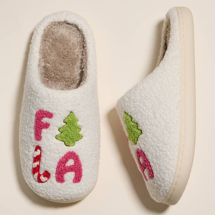 Pink ‘FALALALA’ Christmas Tree Fuzzy Slippers for Christmas Gift for wholesale on Faire1